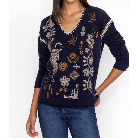 NEW JOHNNY WAS jenai whipstitch v-neck pullover in navy - Picture 1 of 3